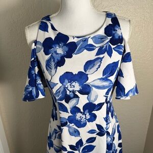 Eliza J Blue Floral Asymmetrical Dress Size 6 Cold Shoulder Casual Office Garden